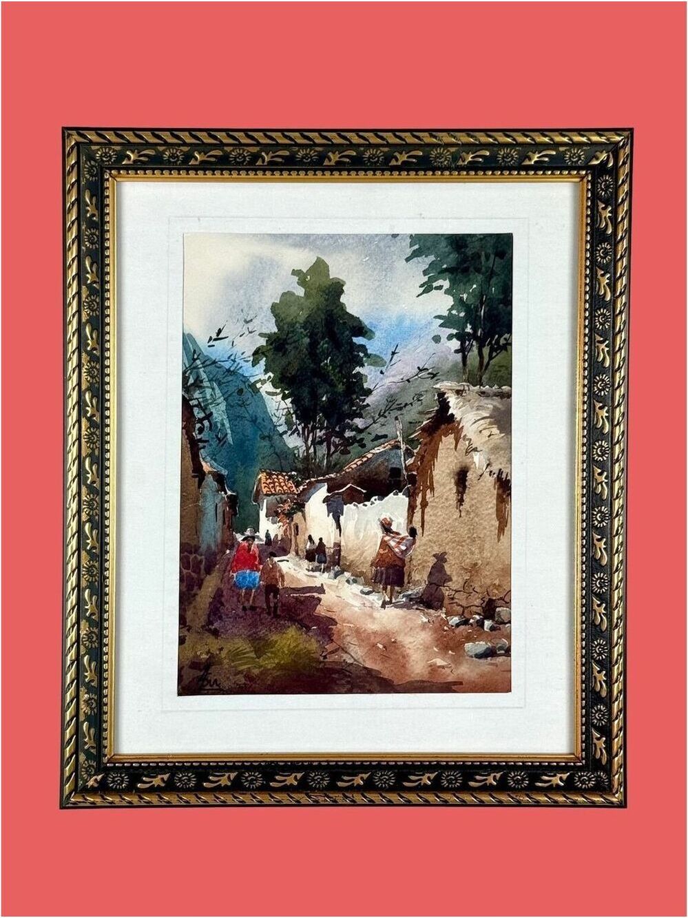 Vintage Peruvian Watercolor Andean Village Street Scene 10x12 in Framed Folk Art